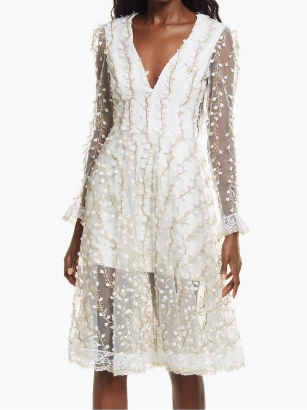 HELSI Ella Embroidered Cream White Midi Dress with floral appliqué